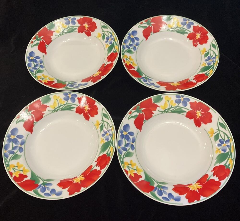 Tabletops Unlimited “Desire” Pattern Red Hibiscus Soup Cereal Bowls (4) RARE VTG
